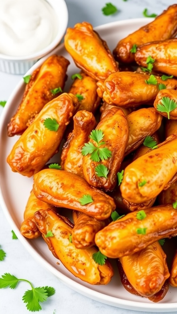 Crispy Garlic Herb Chicken Wings in Instant Pot Vortex Air Fryer Crispy garlic herb chicken wings served with ranch dressing on a plate, garnished with parsley.